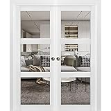 Sliding French Double Pocket Doors 72 x 80 inches Clear Glass 3 Lites| Lucia 2555 Matte White | Kit Trims Rail Hardware | Solid Wood Interior Bedroom Sturdy Doors