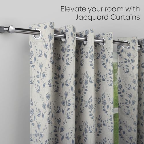 Image of haus & kinder Jacquard Door Curtains 7 Feet Long Pack of 2 Door Curtains, 7 Feet Curtains for Door (Leaf Meadow, Indigo Blue 130x213 CM)
