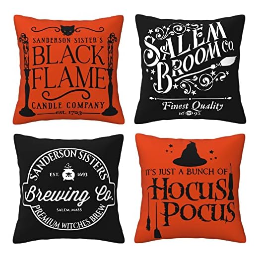 Halloween Pillow Covers 18x18 Set of 4 Orange Black Fall Throw Pillow Cases Soft Velvet Fabric Farmhouse Decor Hocus Pocus Outdoor Throw Pillow Covers