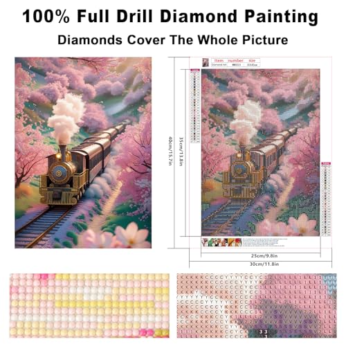 Image of Diamond Art Painting Kits for Adults, Vintage Steam Train 5D Diamond Painting Dots Art Kits for Beginners, Cherry Blossom DIY Full Round Gem Crystal Art Paint by Diamond, Home Wall Decor 12x 16 in