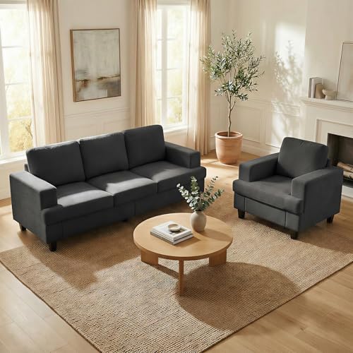 Image of Mjkone 82 inch 2 Piece Living Room Sofa Set, 3 Seater & Armchair, Dark Grey