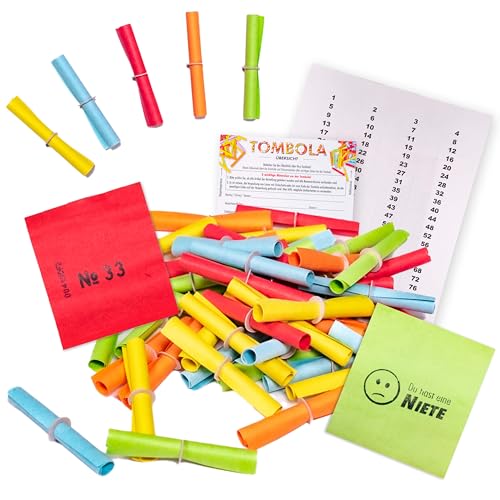 Tombola Lose Röllchen 1100 Gewinne + 400 Nieten | Röllchenlose Set inkl. Aufklebe-Nummern | Gewinnspiel Verlosung Event | bunt gemischt für Tombola & Aktionen