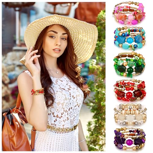 Misdary 6 Pcs Boho Multilayer Irregular Agate Beads Charm Bracelets Vintage Yoga Turquoise Bangles Boho Jewelry for Women3
