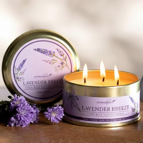 Image of Aromahpure Lavender 3 Wick Candle in Container with Lid | 85g | Burn Time 7 Hours | Scented Candle | Relaxing Aromatherapy Candles for Home Decor, Gifting, Bedroom & Spa