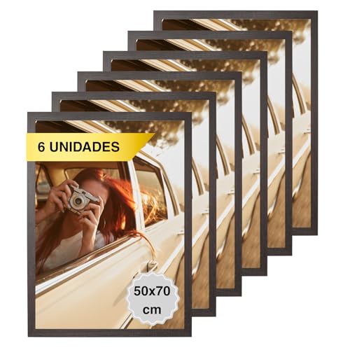 MARCOFOTO Set de 6 Marcos de Fotos - Marco Para Cuadros - Marco de Fotos - Marco Foto - Marcos Cuadros - Marcos Fotos Pared con Plexiglas - Marco Fotos - Marcos Madera MDF Marron Oscuro - 50X70