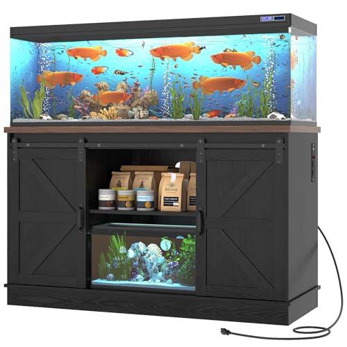 Hlivelood Farmhouse 55-75 Gallon Fish Tank Stand with Power Outlet, Aquarium Stand w/Cabinet&Sliding Barn Door, Heavy Duty Reptile Tank Stand for Fish/Turtle/Reptile Terrarium, 880LBS Capacity, Black