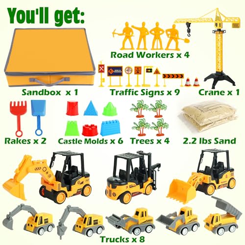 Billeeit Sand Construction Kit with Big Foldable Sandbox and 2.2lbs Magic Sand, Truck Toys Including Castle Molds and Other Accessories - 36Pc Set for Kids 3+