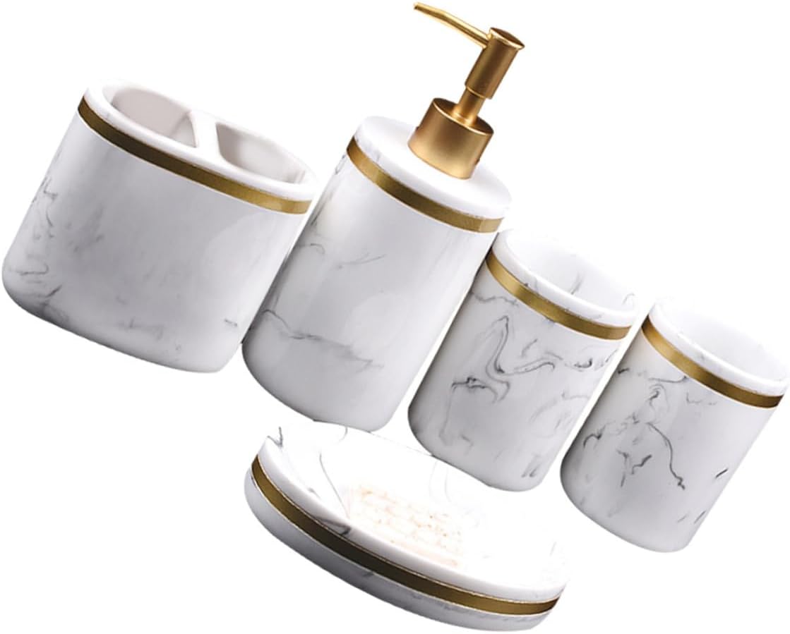 PRETYZOOM 5pcs Simulated Marble Wash Set Toothbrush Holder Soap Dish Brushing Cups Hand Bottle Sanitary Ware Grey Bathroom Accessory Set