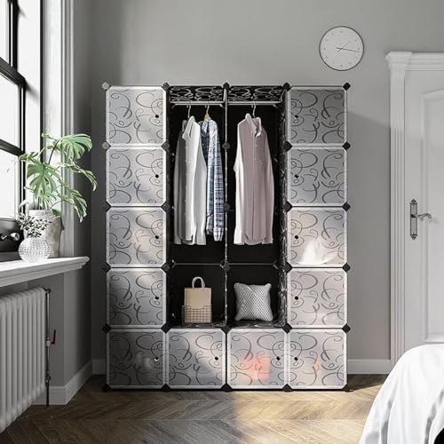 SONGMICS Wardrobe with 2 Clothes Rails 180 x 145 x 37 cm, Black with Patterned Door Panels, 143 x 178 x 36 cm - Image 3