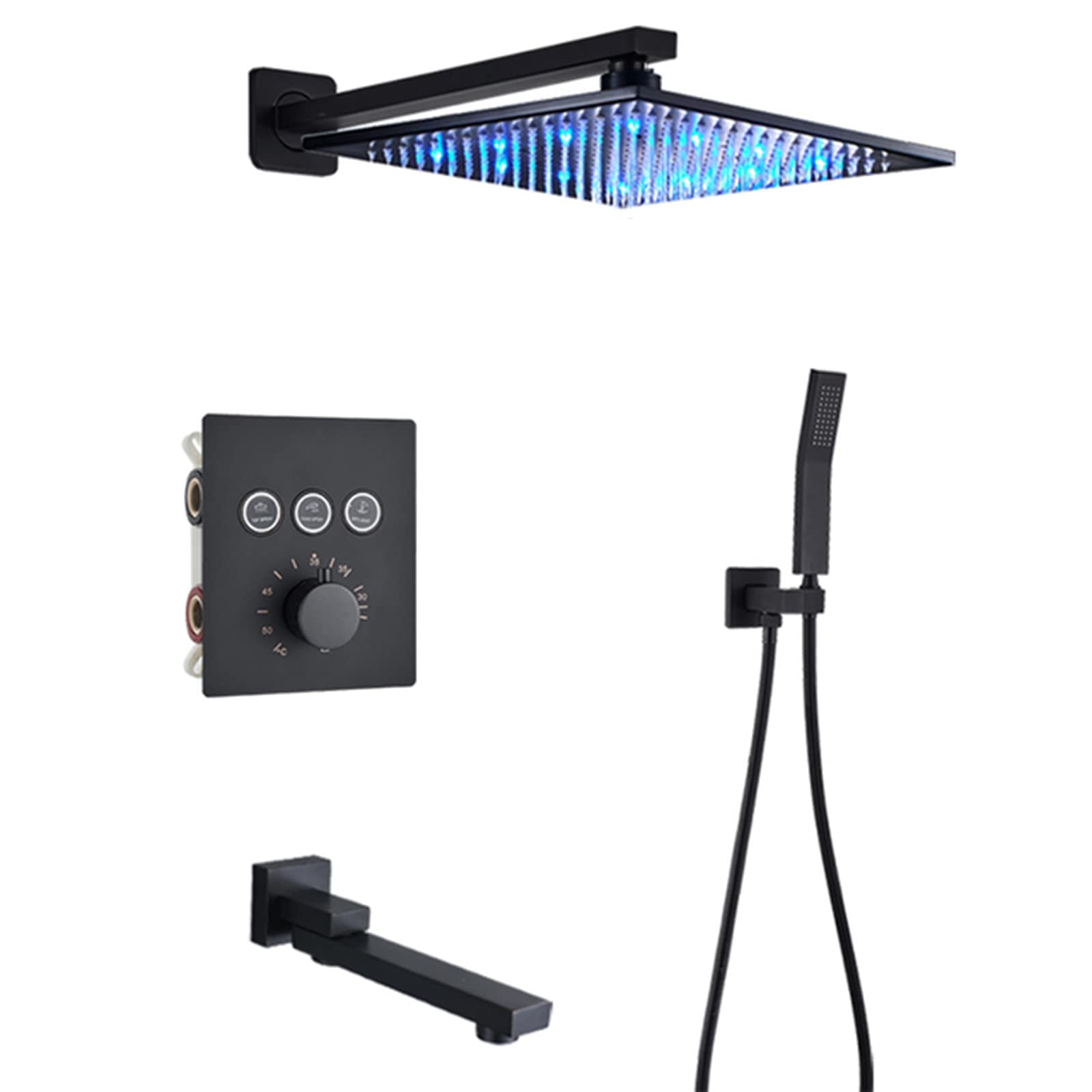 WOTZOV Thermostatic Shower System Matte Black, Concealed Faucet Set With Led Rainfall Head And Handheld Sprayer, Bath Filler,Wall Mount 12In，Wall Mount16in