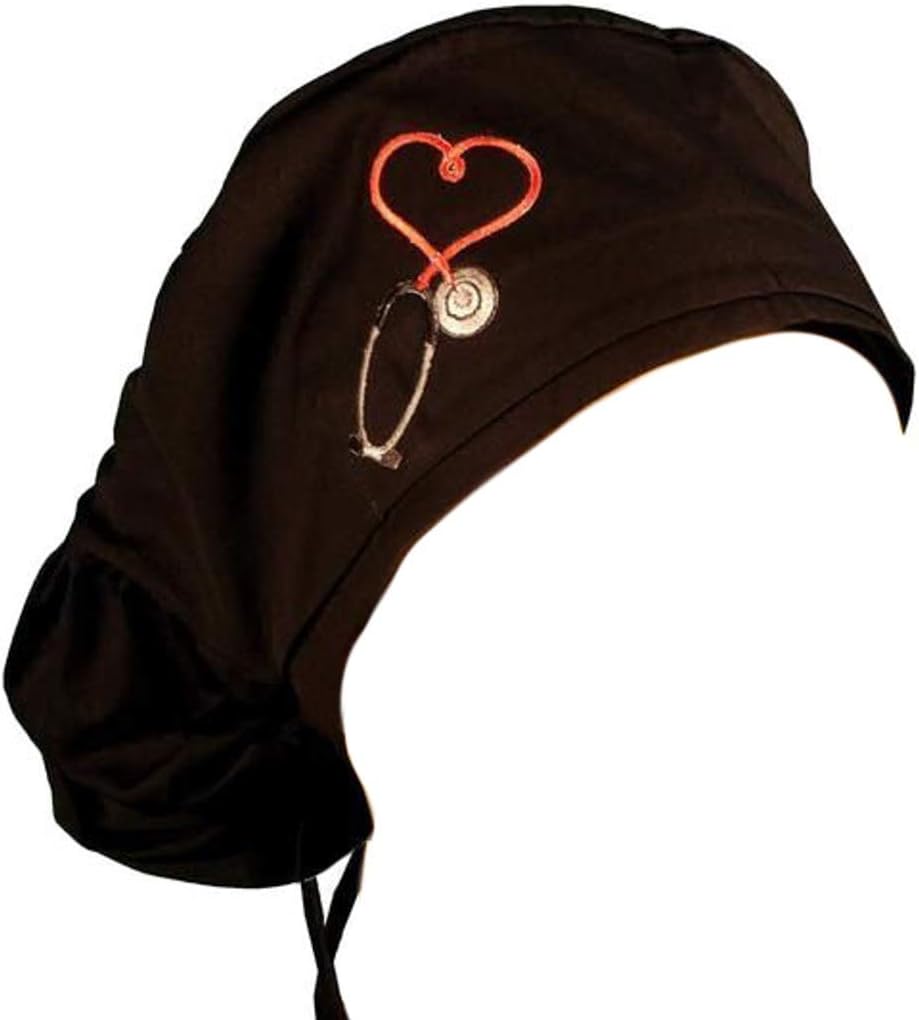 Big Hair Women's Medical Scrub Surgical Cap - Heart Stethoscope Patch On Black
