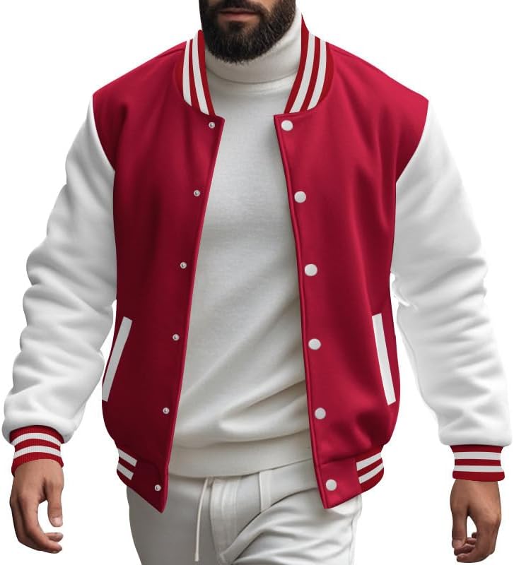 Men's Varsity Baseball Jacket Classic College Style Bomber Coat with Striped Ribbed Collar Casual Outerwear - Image 4