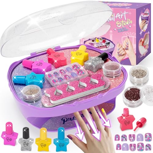 Girls Nail Polish Set Purple, Toys for Girl Age 5 6 7 8 9 10, Nail Care Kit with Nail Polish, Nail Dryer, Fake Nails, nail Glitter, Filer and Toe Separator, Ideal Birthday Gifts for Girls 5-8