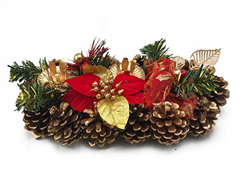 The Festive Shop Christmas Candle Holder Poinsettia and Golden Pinecones for 2 Candles