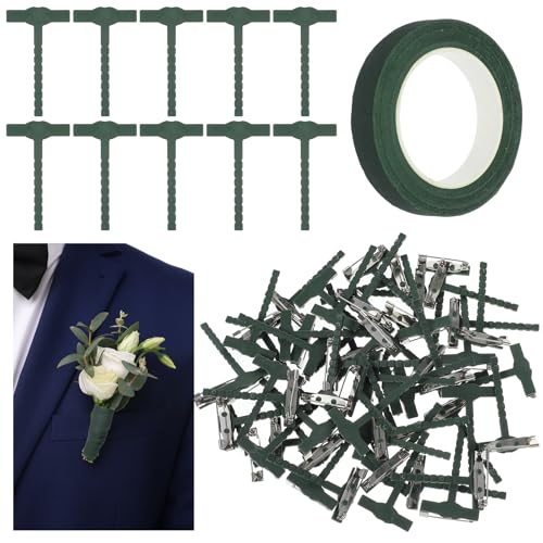 31Pcs Triangle Boutonniere Safety Pins with Flower Tape T-Shaped Plastic Corsage Pins Safety Clips for Bride Groom Tiny Boutonniere Supplies for Wedding Festivals Buttonhole Flowers Button Making