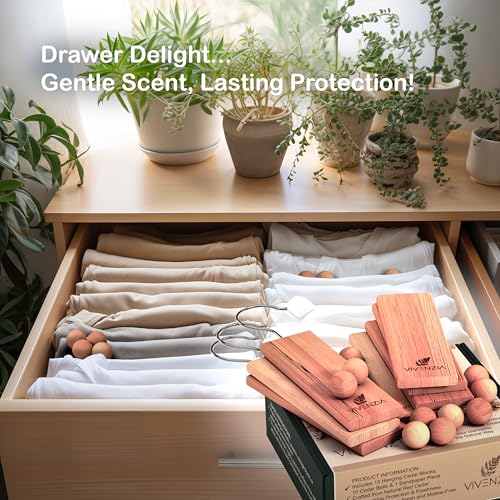 Vivenzia Cedar Blocks for Clothes Storage -25 pcs (15 Hang-ups & 10 Balls)- Hanging Cedar Planks, Natural Closet Smell Eliminator, Natural Closet Deodorizer, Drawer Fresheners for Dresser.