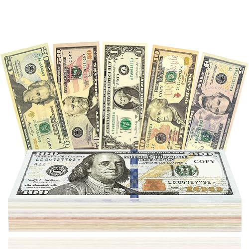 Bukezudang 120 Hoja Prop Money, Billetes Dollars Juguete, Broma Dinero, Copy Money, Juego De Monedas- 20 x 1$, 5$, 10$, 20$, 50$, 100$, Broma Dinero, Scratch Cash, Dinero De Juguete para Niños