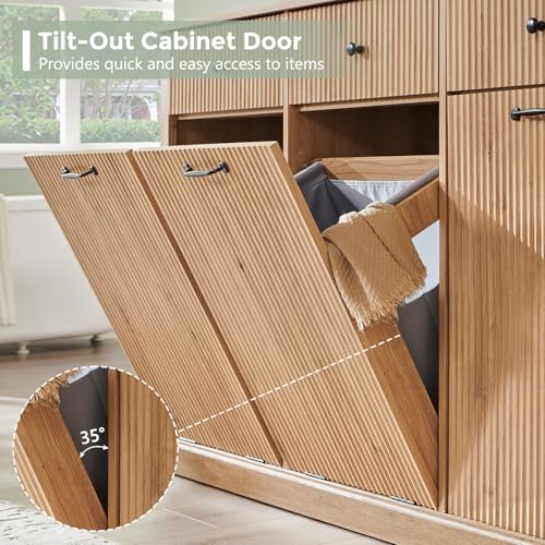 Image of IFBUY Triple Tilt Out Laundry Hamper Cabinet, Modern Fluted Trash Can Cabinet with 3 Drawers, 20 Gallon Hidden Garbage Can Cabinet w /Laundry Basket & Adjustable shelf for Bathroom,Kitchen, Natural Oak