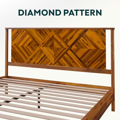 Image of Bme Ethan King Size Bed Frame with Diamond Headboard, Rustic Mid Modern, Solid Acacia Wood, No Box Spring Needed, Slat Support, Rustic Caramel