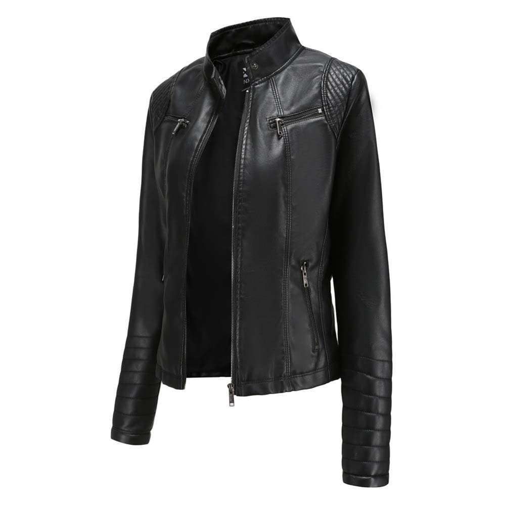 DISSA Damen Kunstleder Bikerjacke Kurze Reißverschlussjacke,EU 36-46