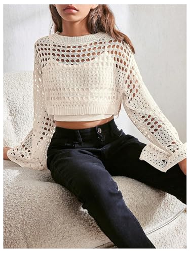 Image of RoseSeek Girl's Hollow Out Knitted Crop Sweater Long Sleeve Crew Neck Drop Shoulder Sheer Pullovers Knitwear
