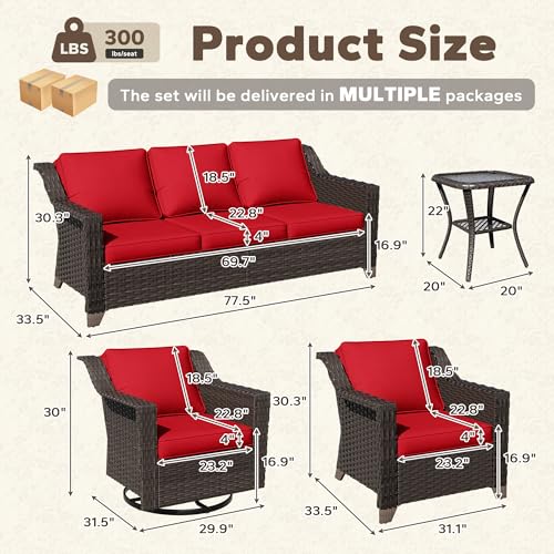 Image of 6 Piece Patio Furniture Set, Wicker Outdoor Conversation Set | Patio Chair Set with Olefin Removable Cushion, All-Weather Outdoor Couch with Deep Seat for Porch, Deck and Backyard, Red