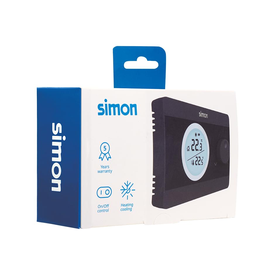 SIMON – Termostato Digital ON/Off, Compatible con Sistemas de Calefacción y Aire Acondicionado, 5°C y 30°C, Pantalla Retroiluminada, Control Sencillo en Superficie, Color Negro
