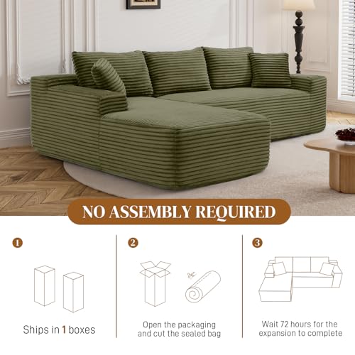 Image of 95 inch L Shaped Boneless Sectional Couches, Wide Armrest, Deep Seat, Memory Foam, Assembly Free, Modern Comfy Corduroy Fluffy Cloud Sofa with Left Chaise for Living Room, Small Spaces, Green