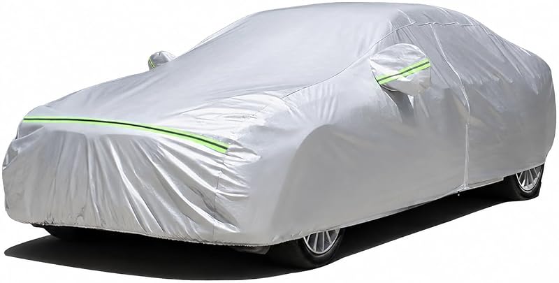 Car Cover Waterproof All Weather Windproof for Sedans 184-193 Inches | UV Protection, Soft Cotton Lining, Driver Door Zipper, Reflective Strips and Storage Bag Included with Vehicle Fitment Silver
