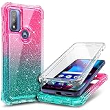 NZND Designed for Motorola Moto G Pure Case, Moto G Play 2023 /Power 2022 with [Built-in Screen Protector], Full-Body Protective Shockproof Bumper Glossy Stylish Case (Glitter Pink/Aqua)
