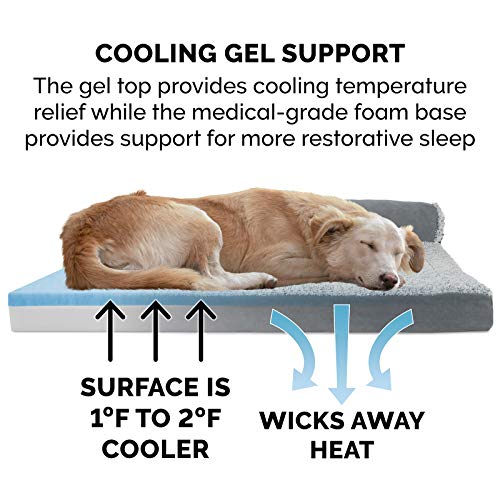 Image of Furhaven Cooling Gel Dog Bed for Medium /Small Dogs w / Removable Bolsters & Washable Cover, For Dogs Up to 35 lbs - Two-Tone Plush Faux Fur & Suede L Shaped Chaise - Stone Gray, Medium