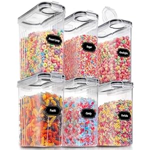 PRAKI Large Dry Food Storage Containers with Lids, 6PCS Airtight Cereal Containers Storage Set, Leak-proof Canister Set for Kitchen Pantry Organization with 20 Labels & Marker (4L Black)