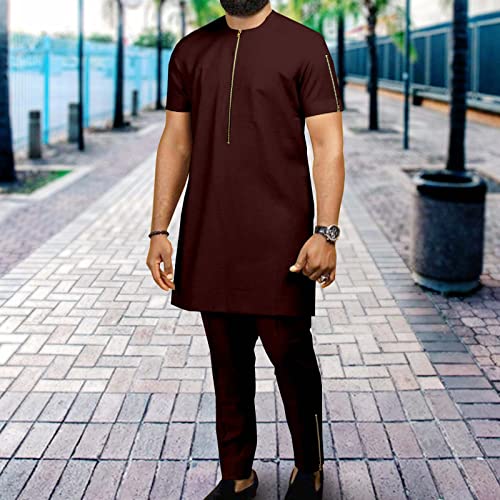 African Suit for Men Big and Tall Dashiki Short Sleeve Tops Blouse+ Ankara Pants Tracksuit Pockets Formal Attire2