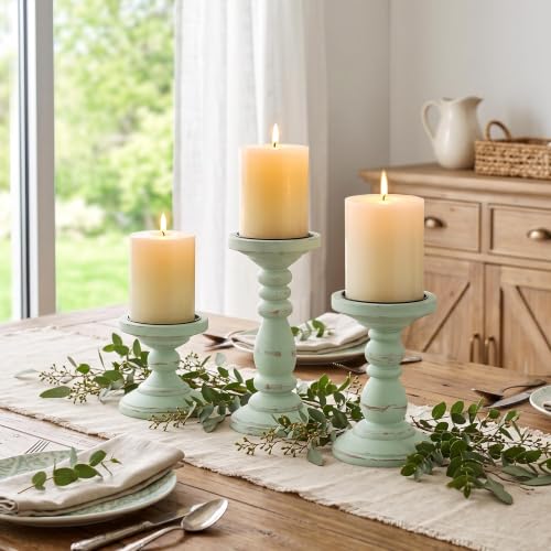 Inweder Wood Pillar Candle Holder: Distressed Sage Green Candle Stand