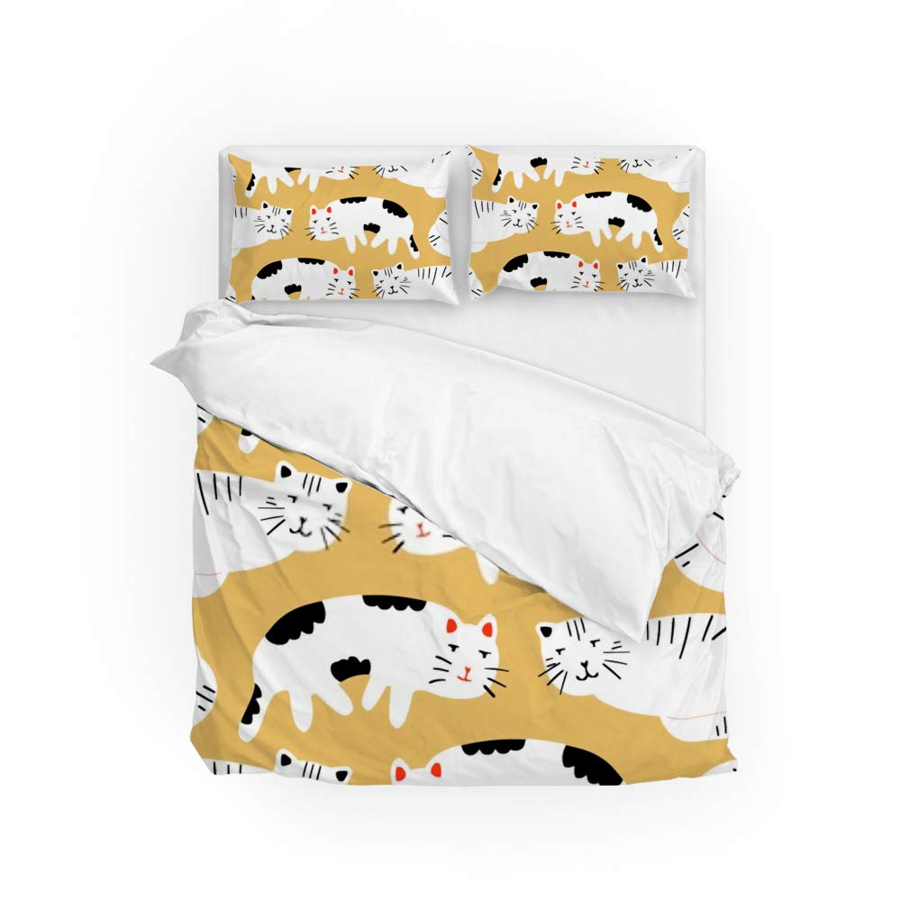 Parure de lit chat 3 pièces avec housse de couette blanche et taies d'oreiller taille lit jumeau