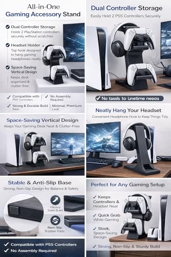 Image of Dual Controller & A-Stand for PS5 and Xbox - Gaming Headset Holder & Controller Organizer | PlayStation 5 Accessories | Black