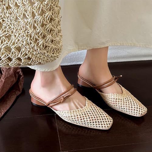 Women's Woven Low Block Heel Mules Square Closed Toe Slip On Backless Braided Heeled Sandals Dressy Summer Sandals2