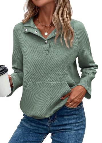 KIRUNDO Womens Sweatshirt Casual Textured Long Sleeve Henley Button V Neck Loose Pullover 2025 Trendy Fall Outfits Tops