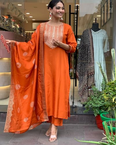 Image of Shiv Textiles Women's Chanderi Silk Embroidered Kurta Pant Dupatta Set(JDA-KRITVA-ORANGE-2XL)