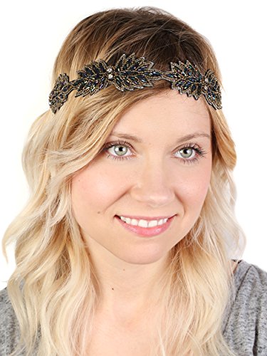 HW-706-18 Beaded Holly Leaf Stretch Headband - Montana Blue