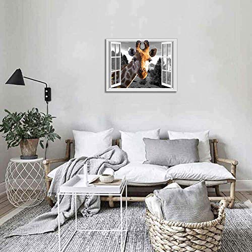 Giraffe Canvas Wall Art For Office Guest Room Wall Decor With Frame Animal Head From Open Window Bathroom Wall Decoration Prints Painting Grey Window View Landscape Wall Picture 12X16Inch #TOP6