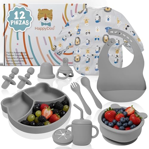 HappyDoo Vajilla Bebé Silicona 12 Piezas | Plato Ventosa + Bol + Vaso + Cubiertos + Baberos Impermeables + Chupete Fruta | Antideslizante, BLW, Libre de BPA | Apto Microondas y Lavavajillas