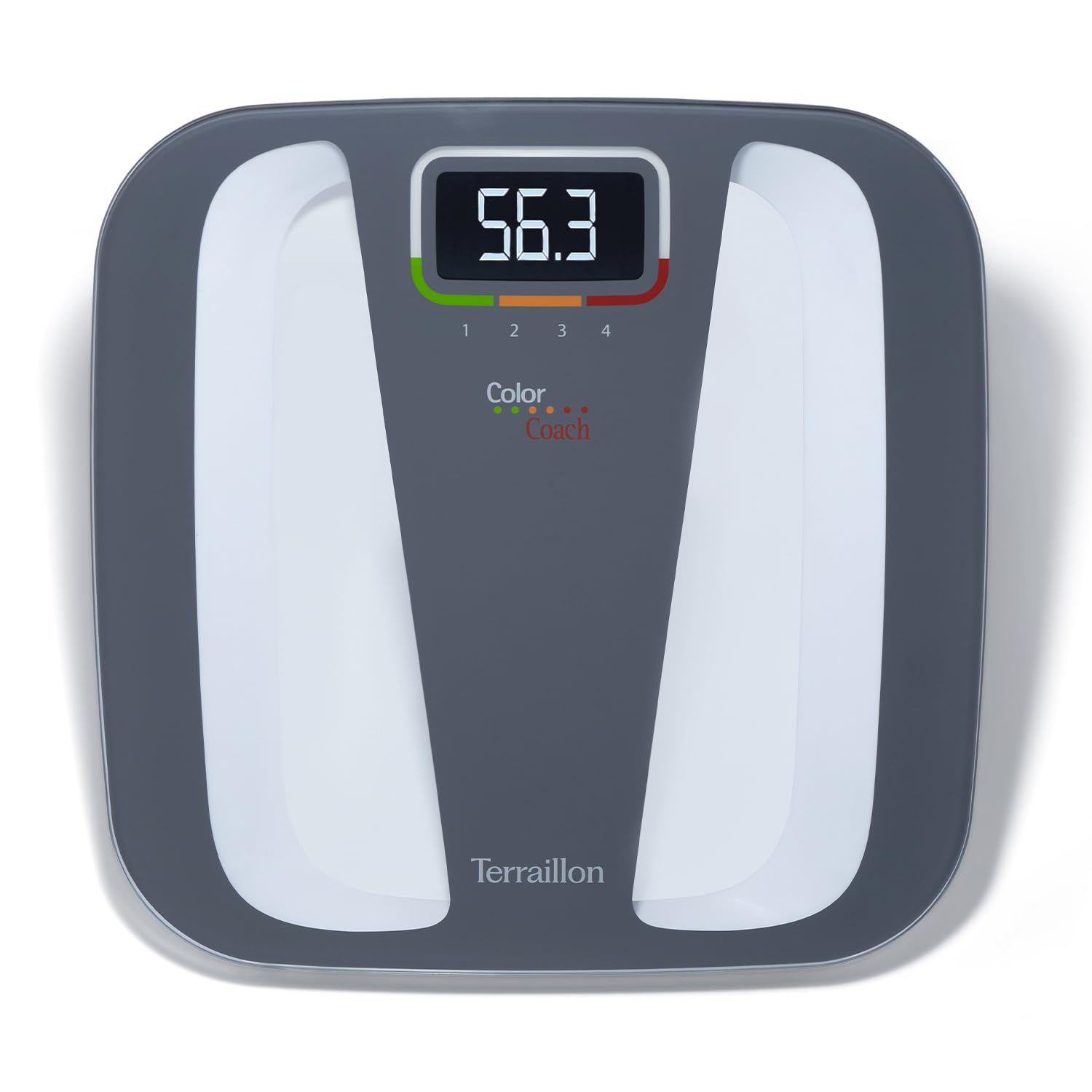 Terraillon Elektronische Personenwaage, 4 Speicherplätze, Farbige Einteilung der Gewichtsveränderungen, Automatisches Ein- und Ausschalten, 160kg, Color Coach Quattro, Grau/Weiß
