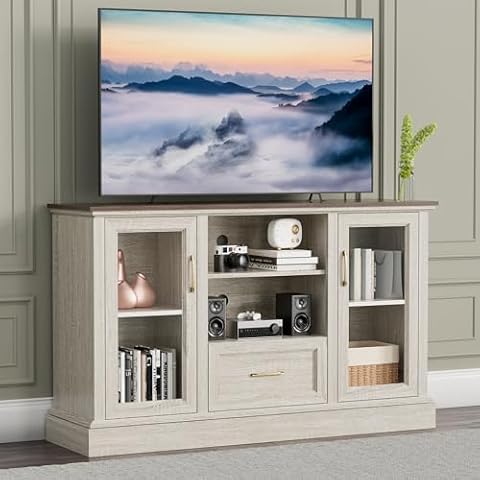 Farmhouse TV Stand for 65 Inch TV, Entertainment Center with Glass Door Storage Cabinet & Adjustable Shelves, Wood TV Console Table Media Cabinet for Living Room Bedroom, Beige Cover