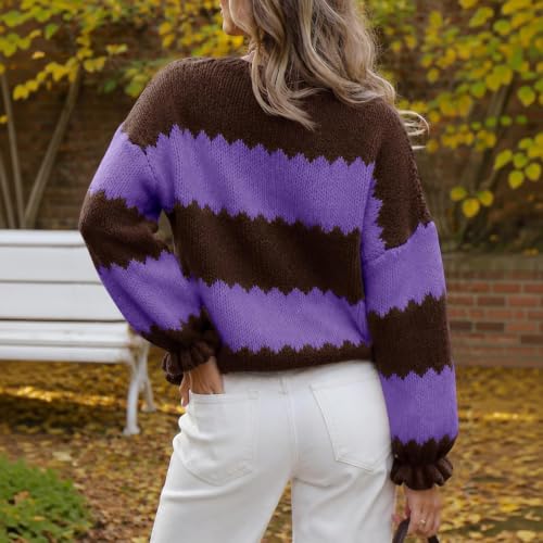 Striped Sweater Women Color Block Ruffle Long Sleeve Cute Fall Sweaters - image 3