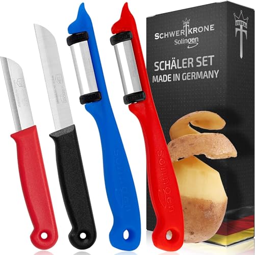 SCHWERTKRONE® Lot de 4 couteaux à éplucher, fabriqués à Solingen en Allemagne, pour légumes, fruits, cuisine, tranchants, à découper, éplucher les pommes de terre, tout usage (Duo Peeler)