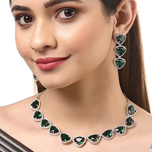 Image of ZENEME Rhodium Plated Silver Toned Triangular Shaped American Diamond Studded Jewellery Set For Women and Girl