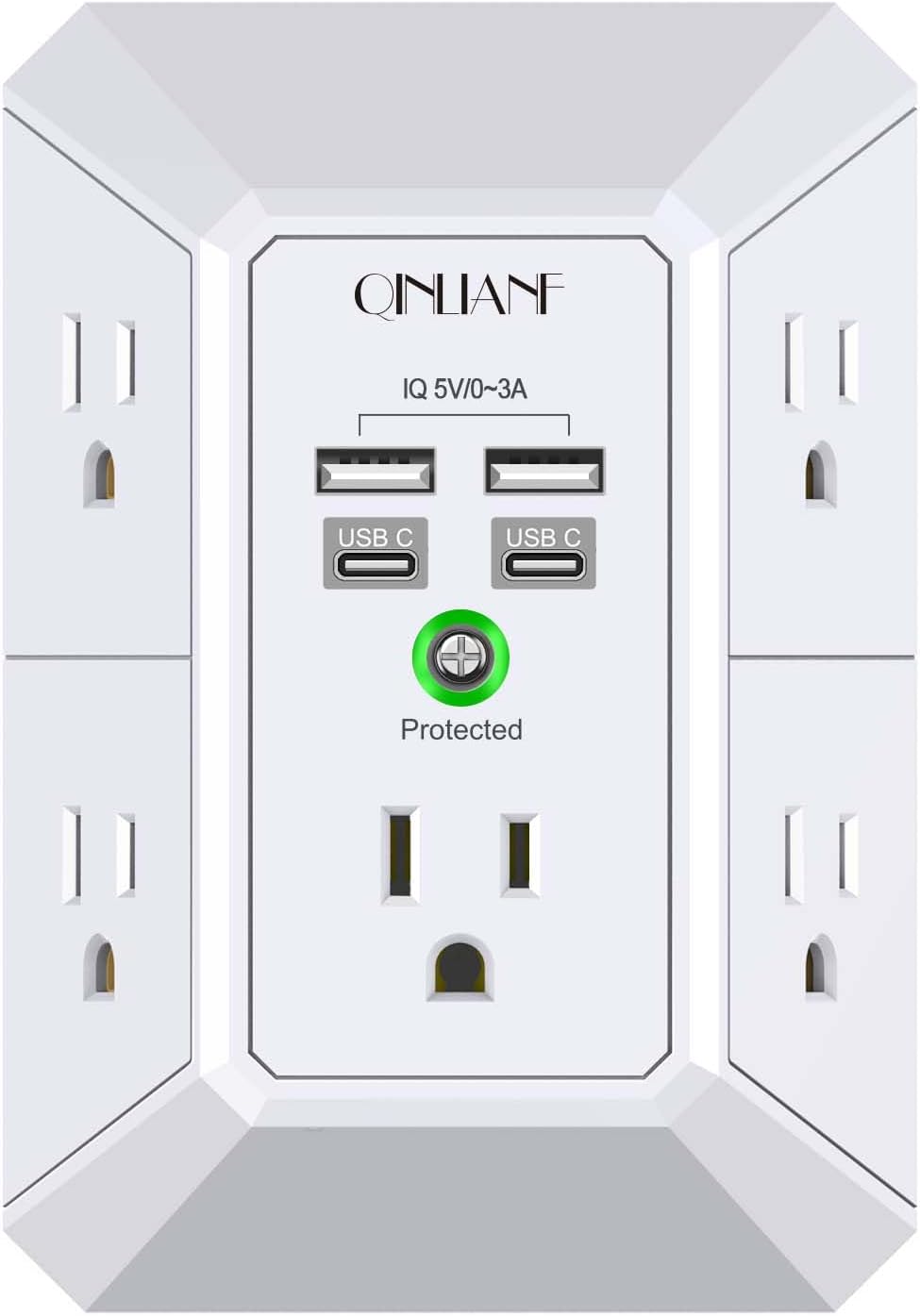 USB Wall Charger, Surge Protector, QINLIANF 5 Outlet Extender with 4 USB Charging Ports(2U2C) 3-Sided 1680J Power Strip Multi Plug Outlets Wall Adapter Spaced for Home Travel Office, White