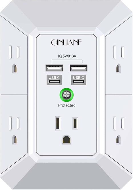 Wall Charger, Surge Protector, QINLIANF 5 Outlet Extender with 4 USB Charging Ports, 3-Sided 1680J Power Strip Multi Plug Adapter Spaced for Home Travel Office