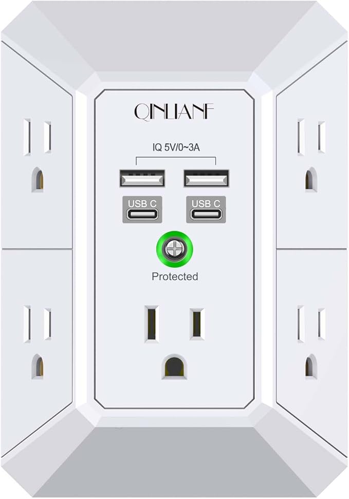 Cargador de pared USB, protector contra sobretensiones, QINLIANF extensor con 5 tomas de corriente y 4 puertos USB (4.8 A en total), 1,680 J, regleta con 3 lados, tomas multienchufe para pared con